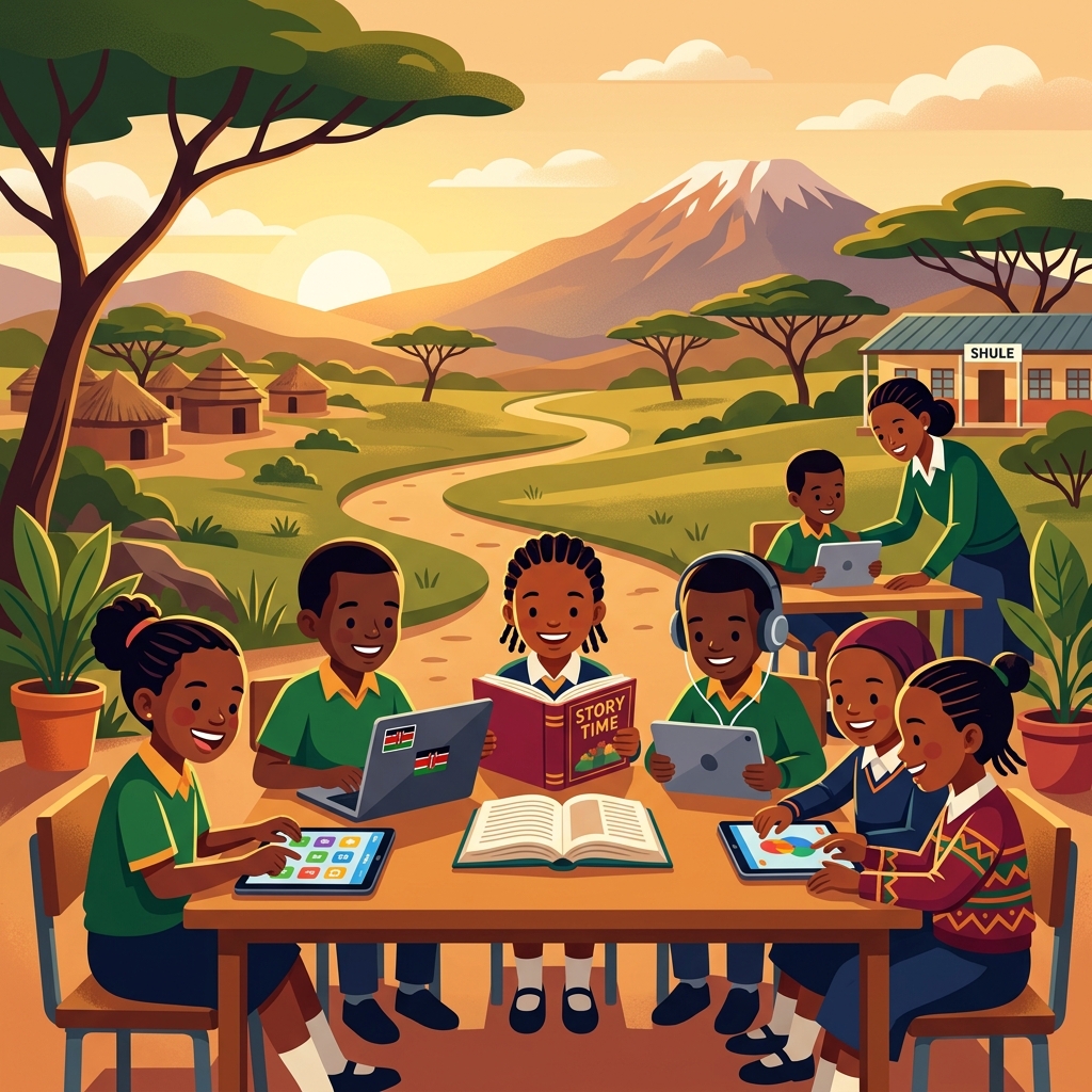 Kenyan students learning with tablets and books in a vibrant classroom setting